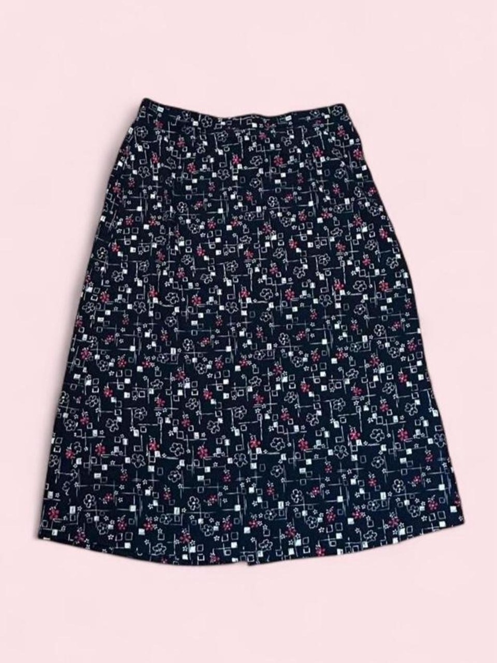 Vintage Black Midi Skirt with Red & White Floral Geometric Print